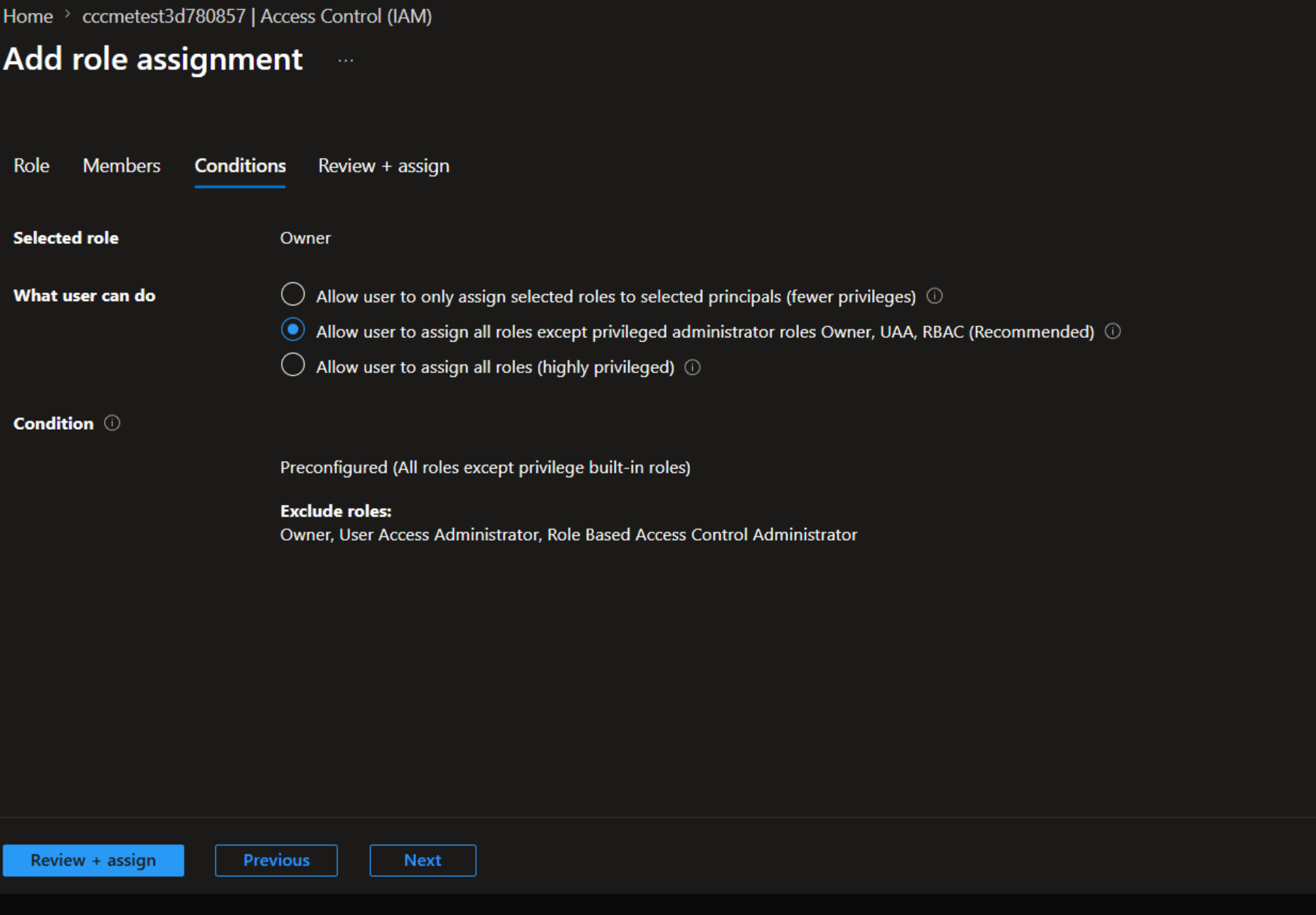 Add role assignment - Conditions tab showing the recommended ABAC constraint