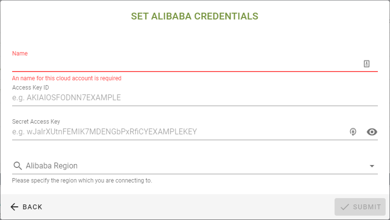 Create Cloud Account > Alicloud Credentials